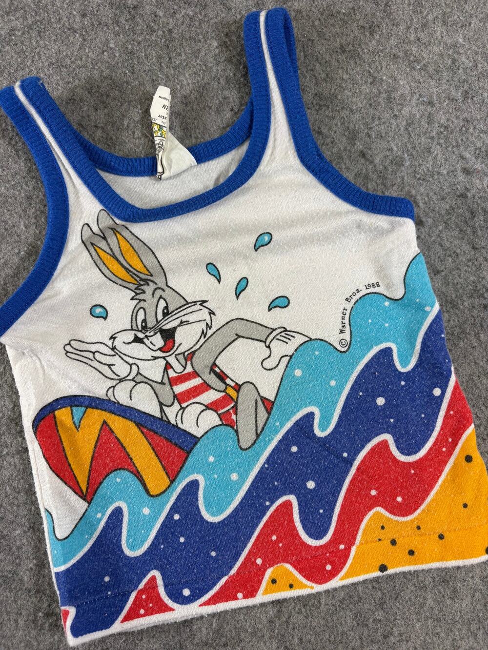 Vintage 80s Bugs Bunny Surfing Tank Top Baby 18M White Blue Cartoon Graphic USA